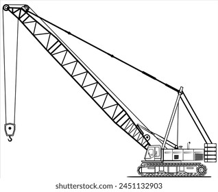 Mobile of Hydraulic lift crane. Silhouette of Crane in flat style. Industrial machine equipment or vehicle with hoist, hook for service, erection and lifting heavy load in building construction site.