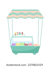 Mobile ice cream counter on the wheels. Vector color isolated illustration.