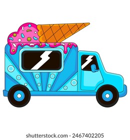 Mobile ice cream food truck from side view in cartoon style, machine for summer dessert, car for banner or cards design 