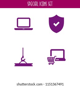 mobile icon. 4 mobile set with crane, security on, open laptop computer and laptop vector icons for web and mobile app