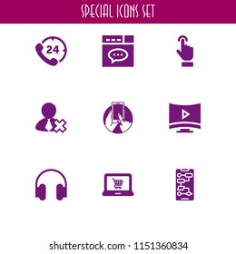 mobile icon. 9 mobile set with screen, music and multimedia, phone and laptop vector icons for web and mobile app