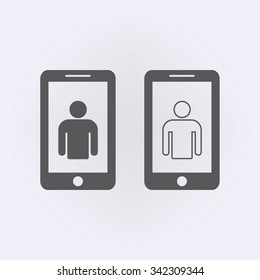 Mobile icon with avatar outline symbol . Vector illustration