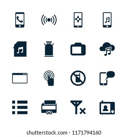 Mobile icon. collection of 16 mobile filled icons such as no phone, touchscreen, camera display, intercom, menu, phone call. editable mobile icons for web and mobile.