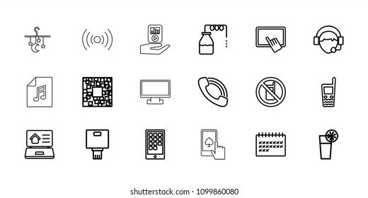 Mobile icon. collection of 18 mobile outline icons such as canister, no phone, finger on tablet, qr code, calendar, old phone, call. editable mobile icons for web and mobile.