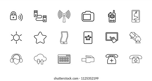 Mobile icon. collection of 18 mobile outline icons such as sun, star, poker on phone, finger on tablet, medical phone, cable. editable mobile icons for web and mobile.