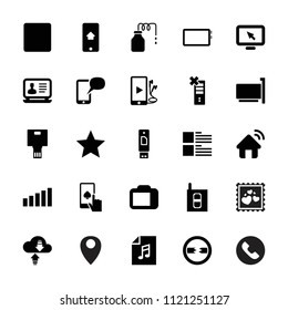 Mobile icon. collection of 25 mobile filled icons such as laptop, stop, phone and earphones, usb drive, phone connection cable. editable mobile icons for web and mobile.