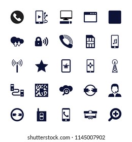 Mobile icon. collection of 25 mobile filled icons such as signal tower, poker on phone, qr code, call, stop, phone and earphones. editable mobile icons for web and mobile.