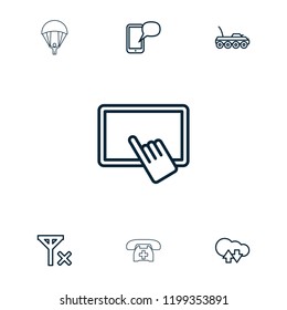 Mobile icon. collection of 7 mobile outline icons such as finger on tablet, cloud download upload, message on phone, no signal. editable mobile icons for web and mobile.
