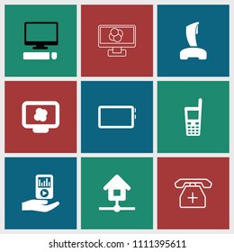 Mobile icon. collection of 9 mobile filled and outline icons such as old phone, mp3 player on hand, home, atom on display. editable mobile icons for web and mobile.