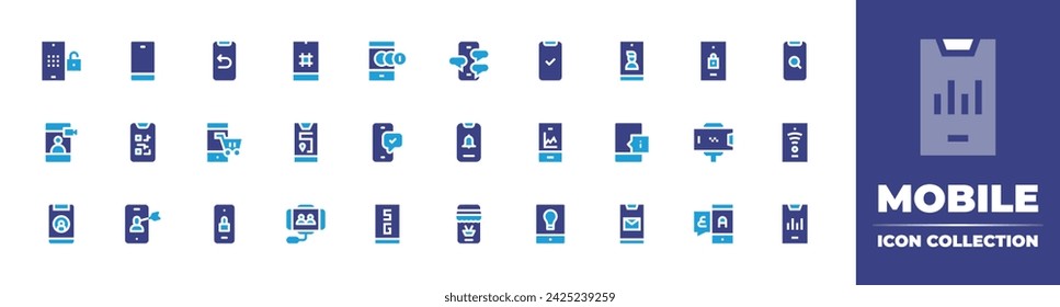 Mobile icon collection. Duotone color. Vector and transparent illustration. Containing device, comment, search, passcode, money transfer, lock, qr code, notification, wifi signal, video call, phone.