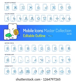 Mobile Icon collection, Outline icon stroke, Security icons, Calling, Mobile battery, Network icons, wifi device, connectivity icon, sync, gear, setting, services, internet security, cloud backup