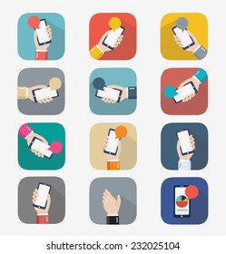 Mobile icon. design vector illustration. Human hand with mobile phone and interface icons 
