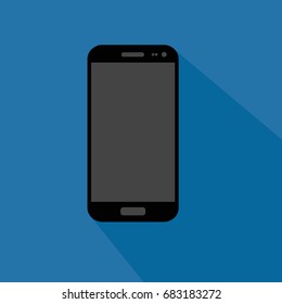 Mobile icon in flat style with long shadow, isolated vector illustration on blue transparent background