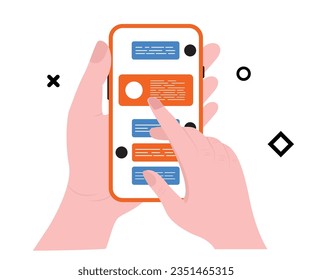 icono móvil. concepto msg. Mensaje de teléfono y los resultados están apareciendo. Mano femenina masculina con teléfono, Smartphone con avatar masculino femenino