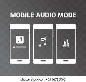 Mobile icon in music mode. Image of a mobile with a microphone. White icon.