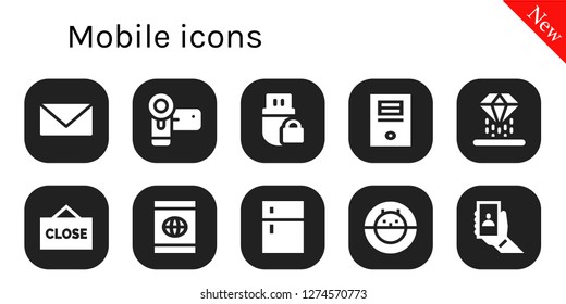  mobile icon set. 10 filled mobile icons. Simple modern icons about  - Email, Camcorder, Pendrive, Computer, Hologram, Close, Smartphone, Fridge, Hamster ball, Selfie