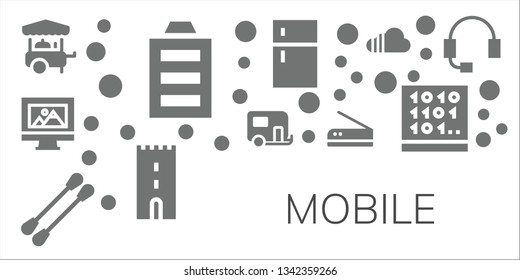 mobile icon set. 11 filled mobile icons.  Collection Of - Food cart, Full battery, Web design, Caravan, Earbuds, Scan, Fridge, Tower, Soundcloud, Coding, Headset