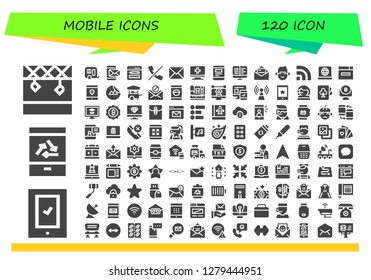  mobile icon set. 120 filled mobile icons. Simple modern icons about  - Stage, Smartphone, Mobile, Caravan, Browser, No calls, Email, Computer, Ebooks, Mail, Man, Rss, Laptop