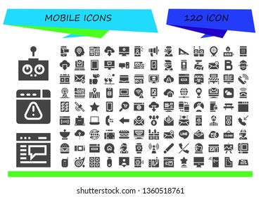 mobile icon set. 120 filled mobile icons.  Simple modern icons about  - Remote control, Browser, Sms, Location, Cms, Cloud, Computer, Selfie, Communication, Call center, Set square