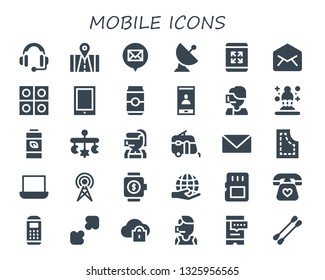 mobile icon set. 30 filled mobile icons.  Simple modern icons about  - Headset, Phone, Email, Satellite, Maximize, Tablets, Tablet, Can, Smartphone, Call center, Hologram, Battery