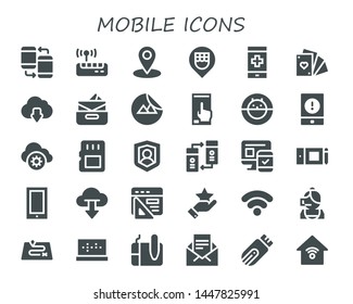mobile icon set. 30 filled mobile icons.  Collection Of - Smartphone, Wifi, Location, Phone, Cards, Cloud download, Inbox, Sticker, Hamster ball, Event, Cloud storage, Memory card
