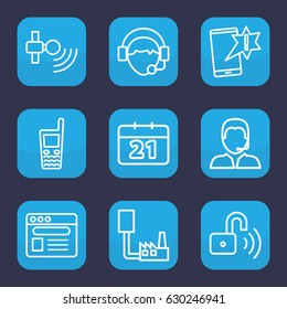 Mobile icon. set of 9 outline mobile icons such as old phone, operator, browser, support, opened security lock, calendar, important message, phone connection cable