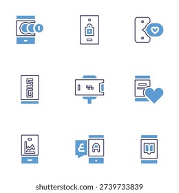 Mobile icon set. Bold line style. Duotone colors. Editable stroke. money transfer, lock, holder, smarphone, translator, report, love, message, ebook.