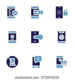 Mobile icon set. Bold style. Duotone colors. passcode, ticket, check, privacy, user, pet care, shopping online, no phone, message.