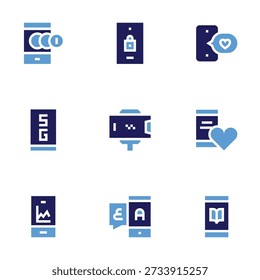 Mobile icon set. Bold style. Duotone colors. money transfer, lock, holder, smarphone, translator, report, love, message, ebook.