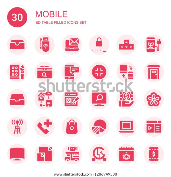 mobile icon
set. Collection of 30 filled mobile icons included Inbox, Wireless,
Laptop, Password, Keyboard, Watercolor, Calendar, Smartphone,
Minimize, Responsive, Smart
home