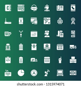 mobile icon set. Collection of 36 filled mobile icons included Bracelet, Laptop, Antenna, Navigation, Pie chart, Keyboard, Television, Walkie talkie, Calendar, Truck, Remote control
