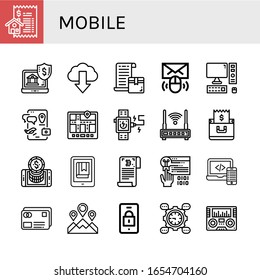 mobile icon set. Collection of Bill, Online banking, Download, Email, Computer, Smartphone, Navigator, Smartwatch, Router, Ebook, Bitcoin, Coding, Code, Credit card, Location icons