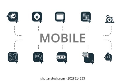 Mobile icon set. Contains editable icons theme such as web app, virtual reality app, app review and more.