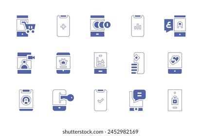 Mobile icon set. Duotone style line stroke and bold. Vector illustration. Containing add, phone, money transfer, lock, key, video call, user, translator, analytics, done, pet care, shopping online.