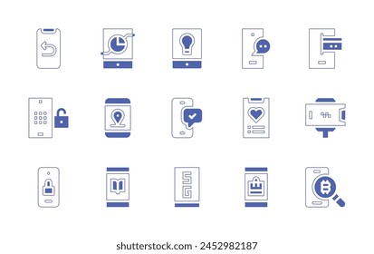 Mobile icon set. Duotone style line stroke and bold. Vector illustration. Containing passcode, phone, holder, smarphone, back, bitcoins, online payment, padlock, look for, online chat, analysis.