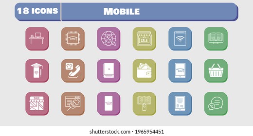 conjunto de iconos móviles. incluye chip, audiolibro, tienda, smartphone, cartera, cesta de la compra, teléfono inteligente para estudiantes, tienda en línea, iconos de tablet con fondo blanco. estilos lineales y llenos.