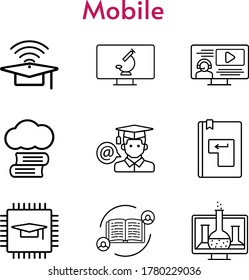 mobile icon set. included cloud library, feedback, chemistry, chip, cap, instructor, student, enter, microscope icons. linear styles.