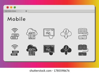 mobile icon set. included cloud, homework, book, touchscreen, information icons on white background. linear, filled styles.