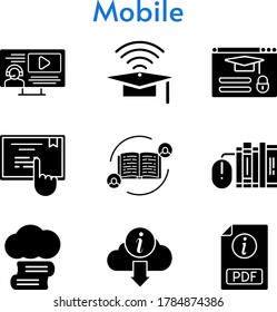 mobile icon set. included feedback, cloud library, cap, books, pdf, instructor, touchscreen, information, login icons. filled styles.