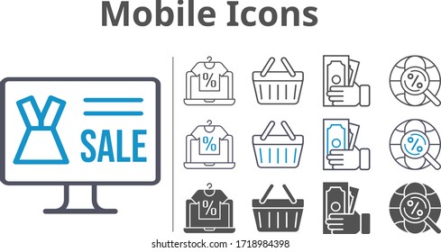 mobile icon set included online shop, money, shopping-basket, shopping basket, internet icons