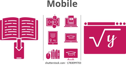 mobile icon set. included tablet, e-book, books, student, laptop, test, learn, maths, desktop icons. filled styles.