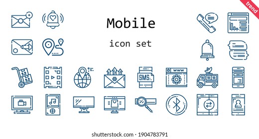 mobile icon set. line icon style. mobile related icons such as video player, website, smartphone, search engine, monitor, satellite dish, monitoring, bell, packs, music player, online shop