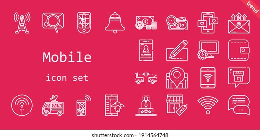conjunto de iconos móviles. estilo de icono de línea. iconos relacionados con el móvil como wifi, torre de señal, cartera, smartphone, edición, tiendas, antena parabólica, gps, experiencia de usuario, campana, navegación, ordenador, dinero