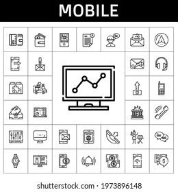 mobile icon set. line icon style. mobile related icons such as smartphone, mail, upload, headphones, navigator, screen, domotics, laptop, carousel, analytics, tablet, cellphone