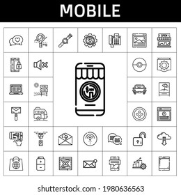 conjunto de iconos móviles. estilo de icono de línea. iconos relacionados con el móvil como smartphone, mail, video, laptop, batería, botón, análisis, tablet, notificación, auto, navegador, bloqueo, computación en nube