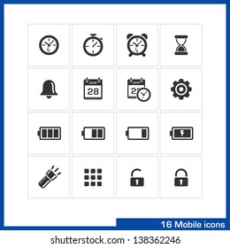 Mobile icon set. Vector black pictograms for web, computer apps, internet, interface design: clock, speedometer, alarm, timer, bell, calendar, date, time, settings, battery, charge, ringtone symbol