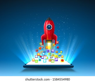 Mobile icons app rocket on the light background. Vector illustration