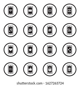 Mobile Icons. Black Flat Design In Circle. Vector Illustration.