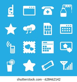 Mobile icons set. set of 16 mobile filled icons such as canister, baby monitor phone, star, photo with heart, medical phone, music cloud, calendar, cocktail, home on tablet