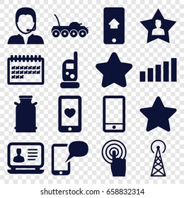 Mobile icons set. set of 16 mobile filled icons such as canister, signal tower, baby monitor phone, star, laptop, calendar, heart mobile, phone, touchscreen, support